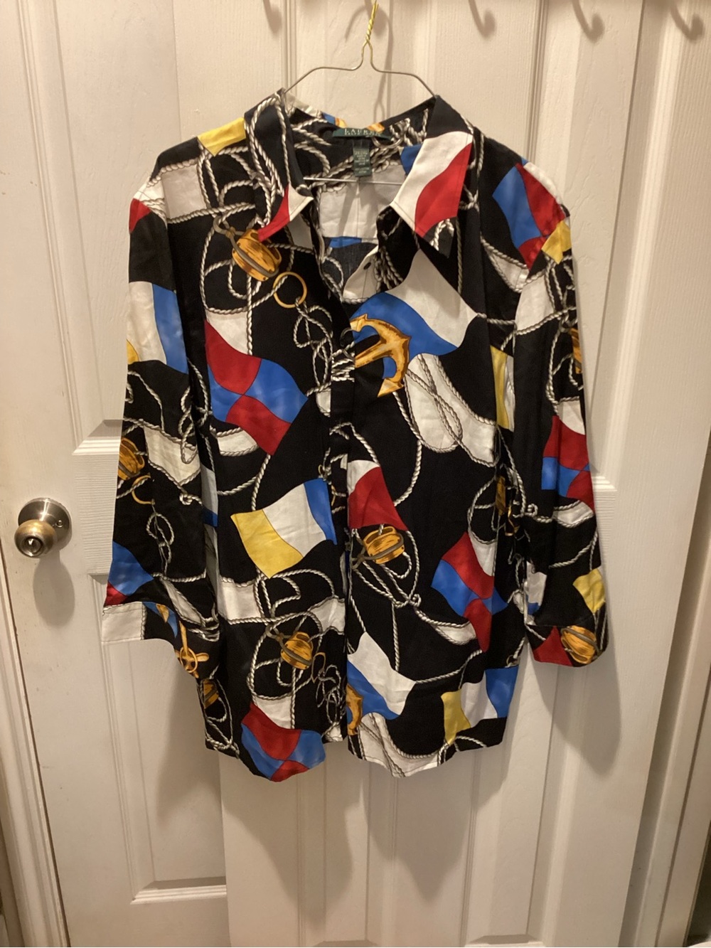 Ralph Lauren Black Button-Up Blouse with Red Blue Yellow Nautical Flags